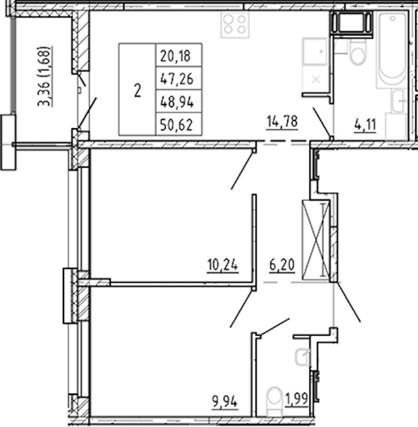 2-комнатная квартира 47.26 м², 12/12 эт., ЖК «Полис Новоселье»